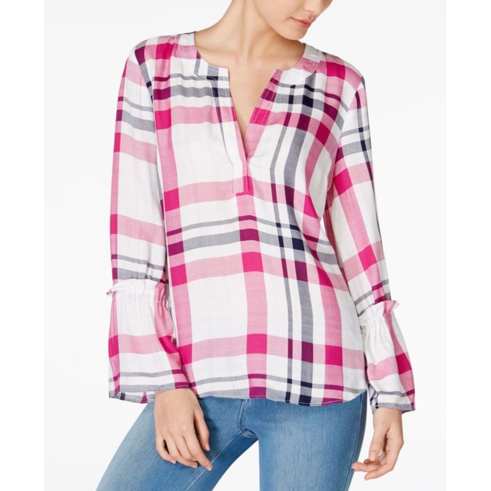 Maison Jules Plaid Split Neck Shirt  White Bright Combo M